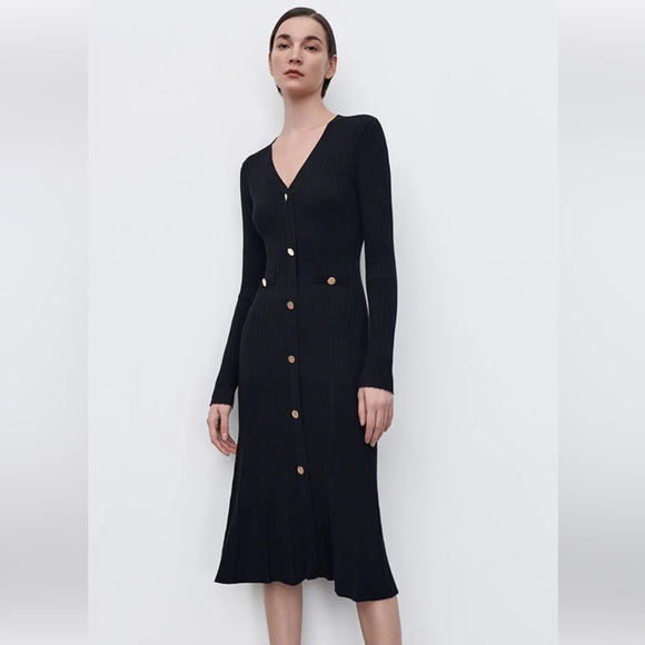 Elegant Black Long Sleeve Sweater Dress with Gold Buttons - Picture 4 of 9